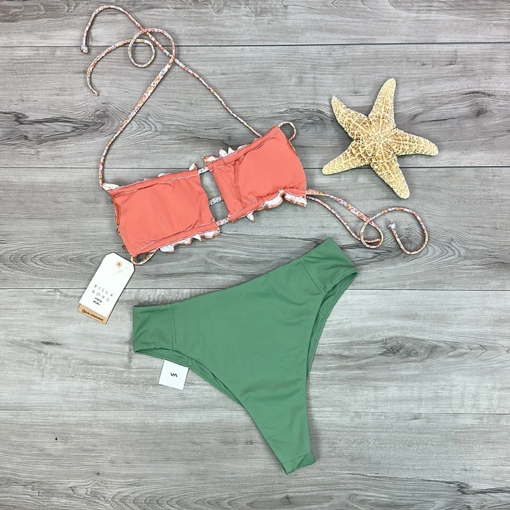 ☀️BILLABONG☀️ Chase The Sun Ruched Bandeau Bikini Top Solid High Rise Cheeky